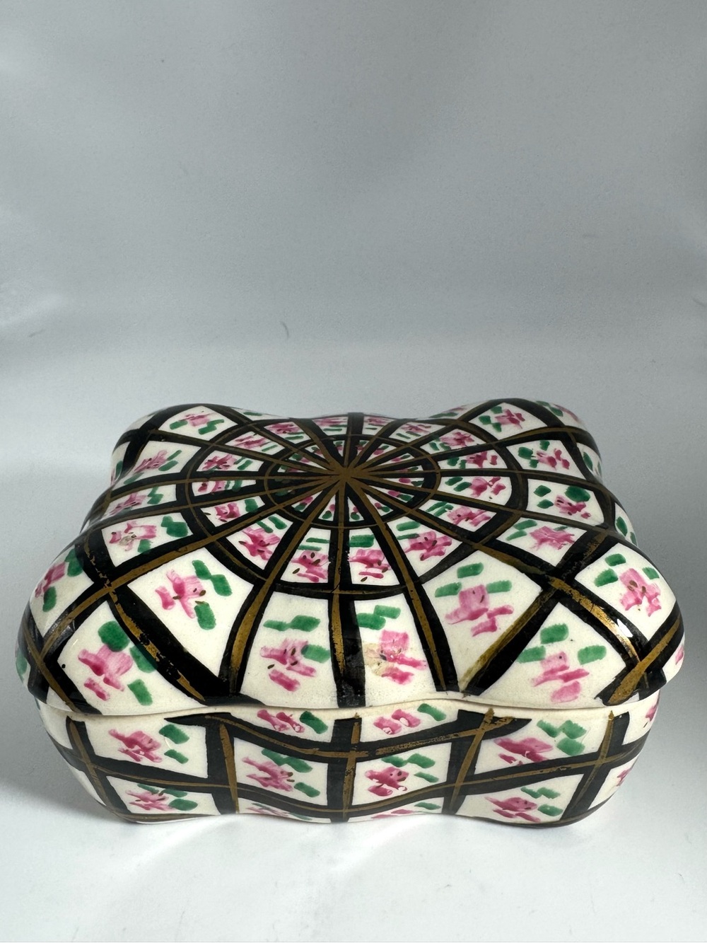 Decorative Ceramic Trinket Box in Black, White with Pink Floral Pattern